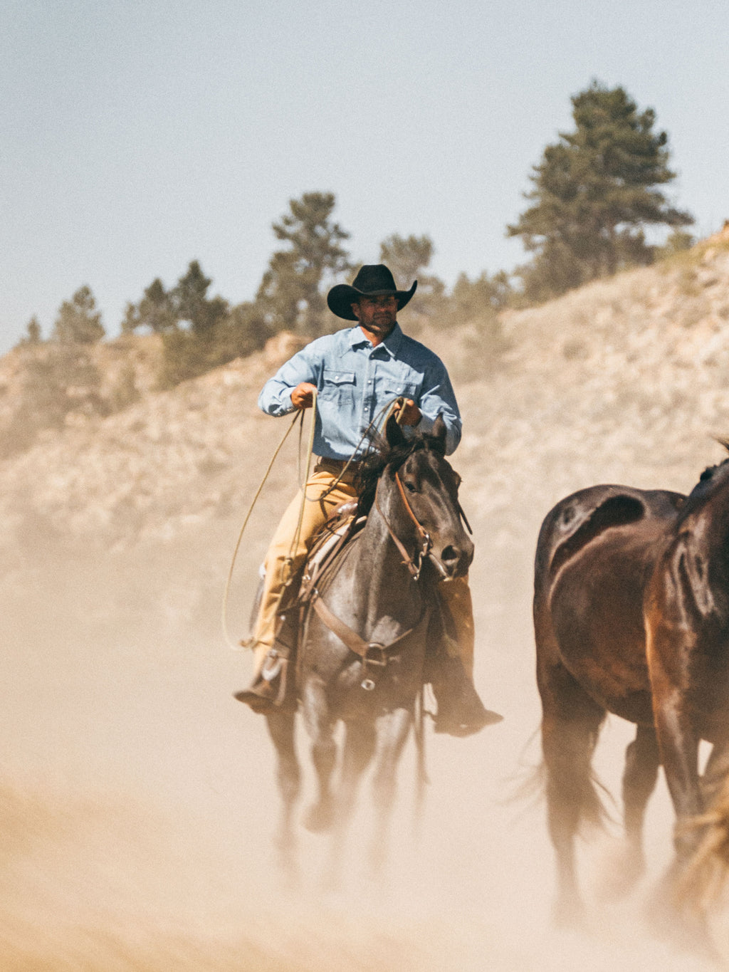 Tan dungaree pants on horseback, straight-leg workwear with front pockets