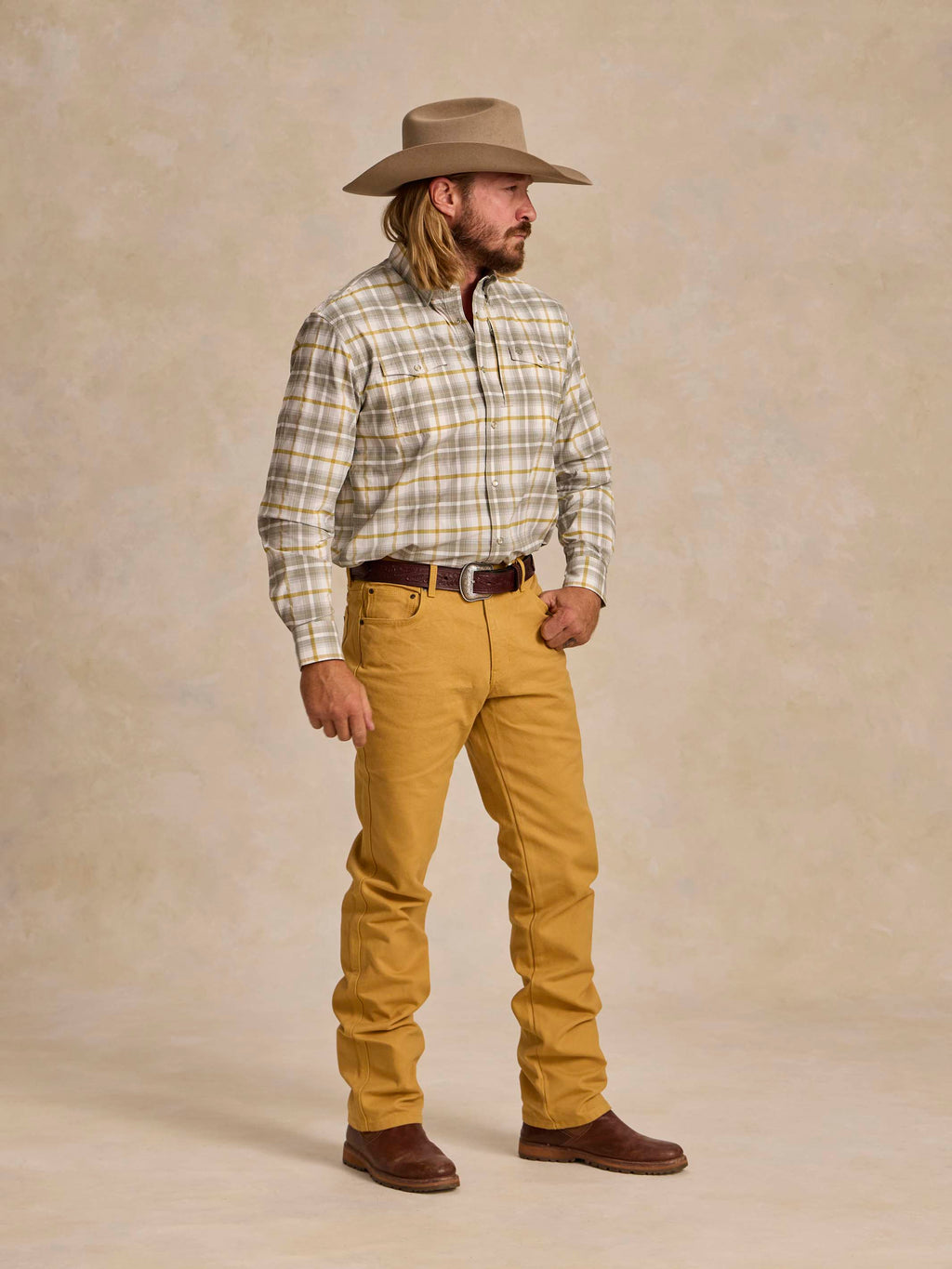 Suntan work dungaree pants with belt loops and straight legs