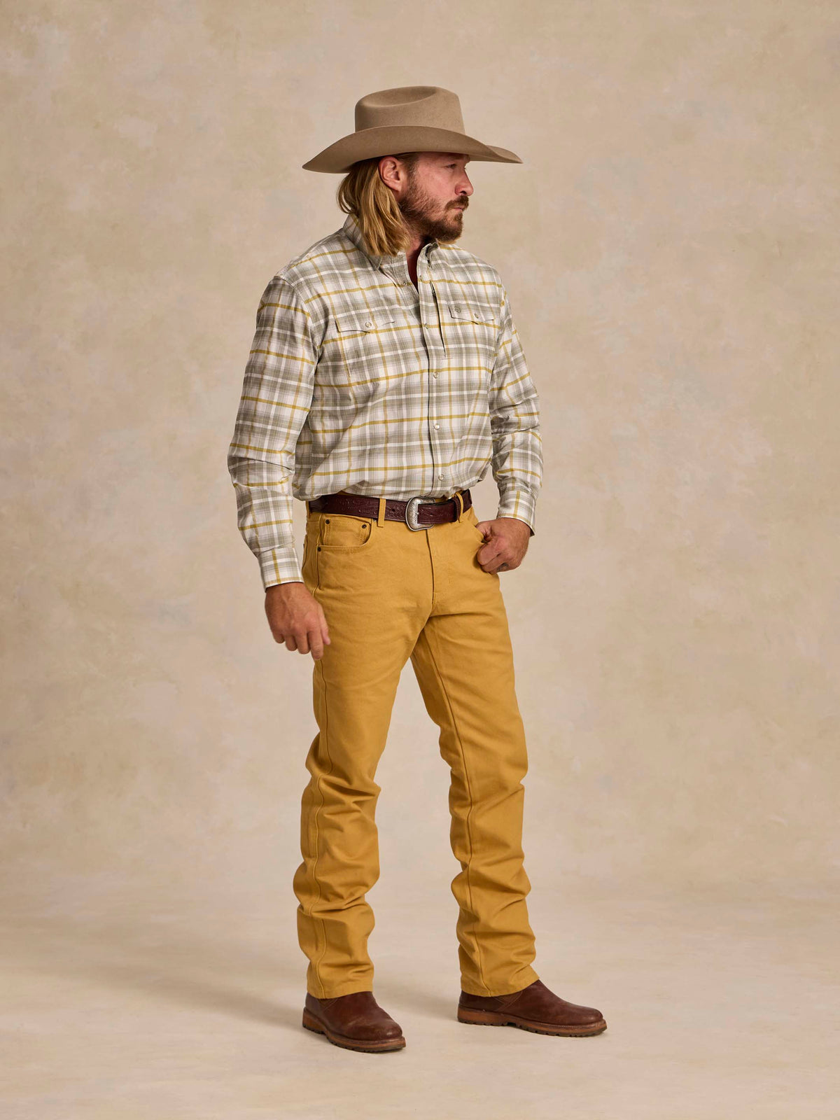 Suntan work dungaree pants with belt loops and straight legs