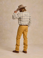 Suntan work dungaree pants, rear view, belt loops and straight legs
