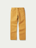 Tan canvas dungaree pants front view with two pockets and metal button