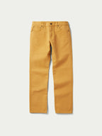 Tan canvas dungaree pants front view with two pockets and metal button