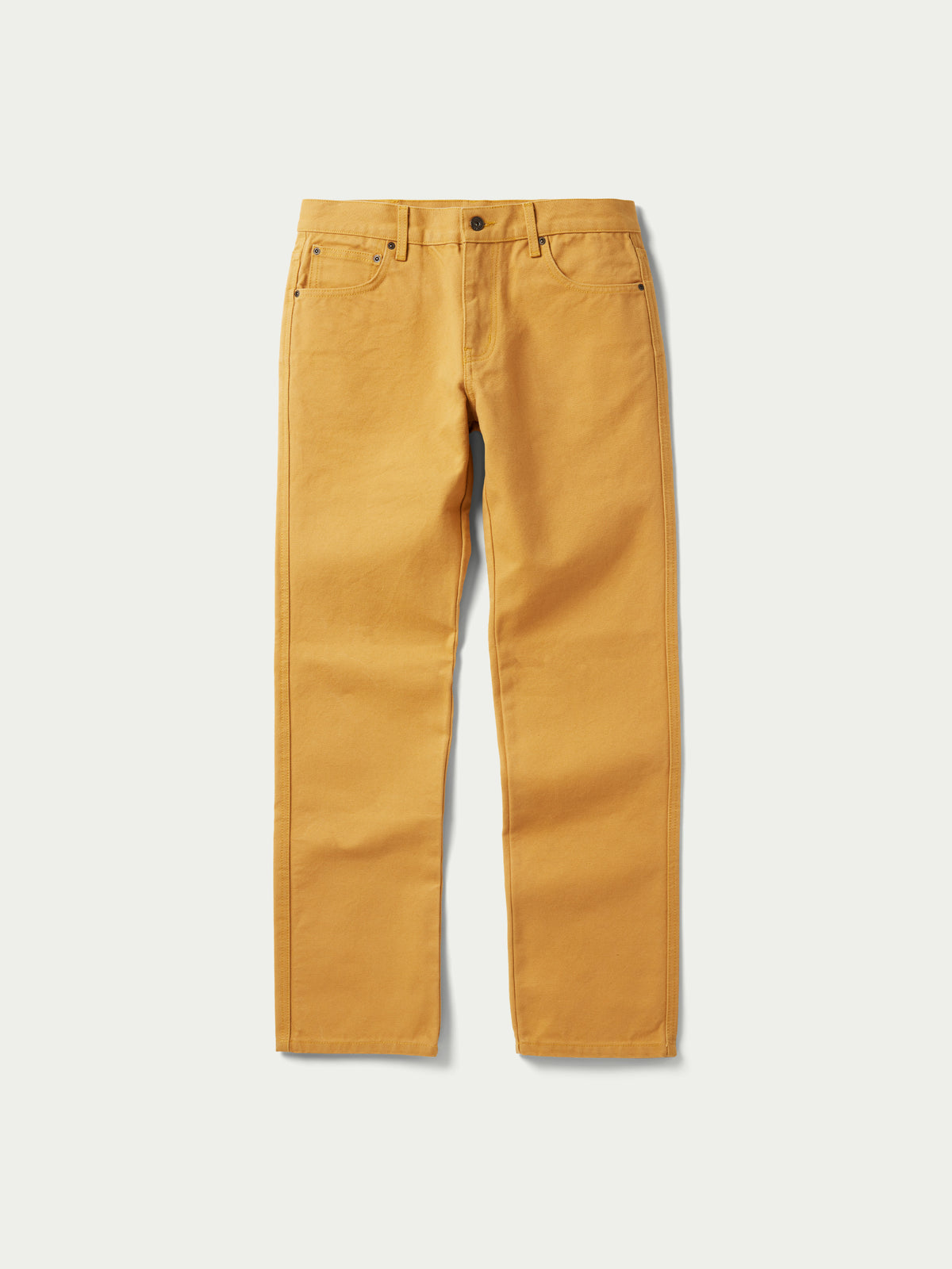 Tan canvas dungaree pants front view with two pockets and metal button