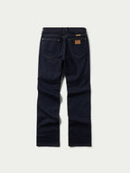 Dark rinse boot cut denim jeans, flat front with button closure