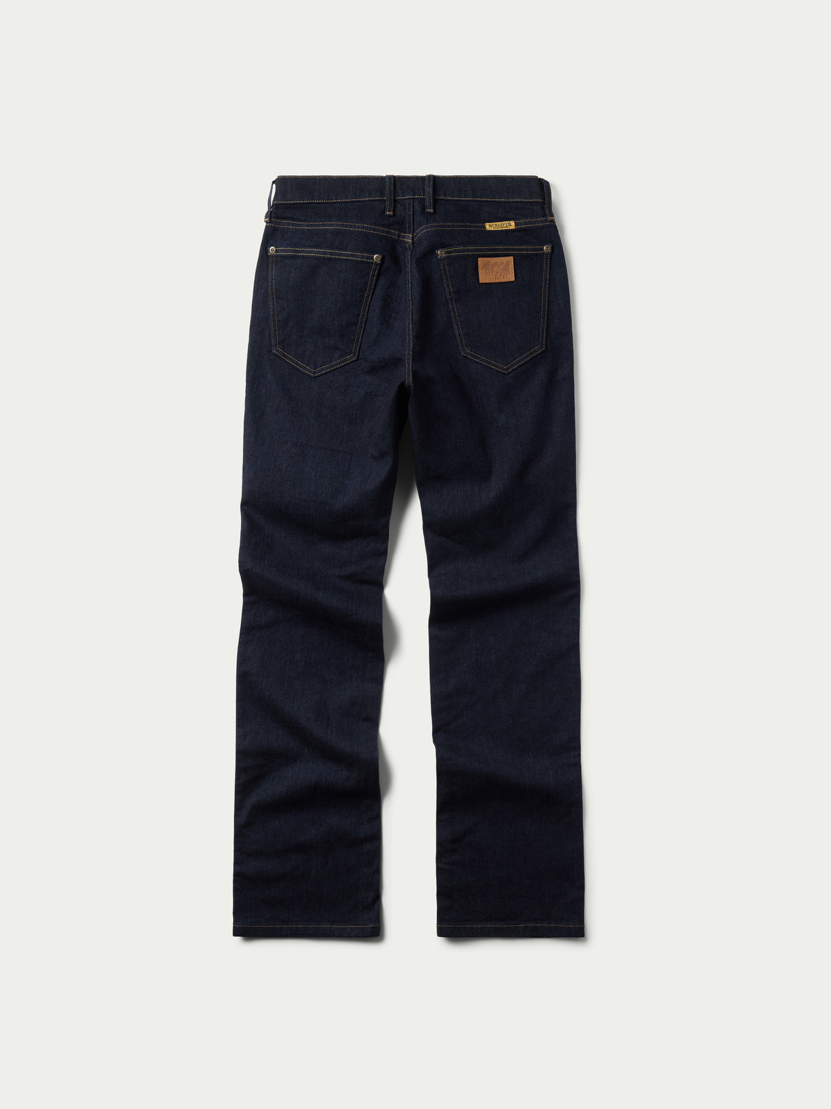 Dark rinse boot cut denim jeans, flat front with button closure
