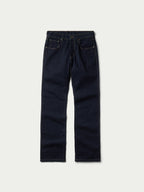Dark rinse boot cut denim jeans, flat front with side seam detailing