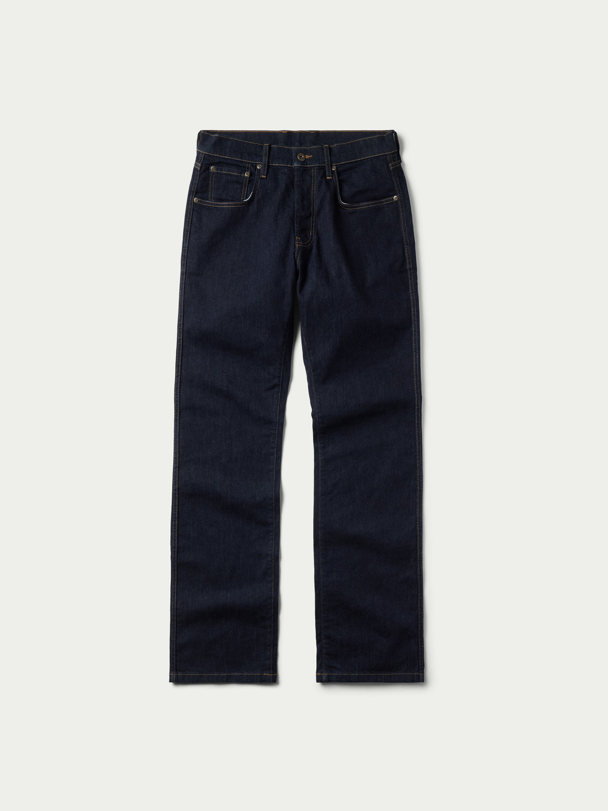 Dark rinse boot cut denim jeans, flat front with side seam detailing