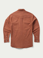 Brick snap-front denim western shirt, back view with buttoned yoke and collar