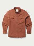 Brick snap-front denim shirt with two chest flap pockets and buttoned cuffs