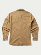 Tan western snap-front denim shirt, long sleeves, back view