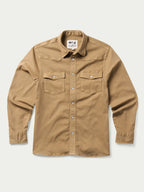 Tan western snap-front denim shirt with two chest flap pockets