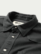 Slate denim snap western shirt, stand collar and snap front close-up