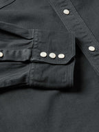 Slate denim snap western shirt, chest snap pocket row and yoke seam