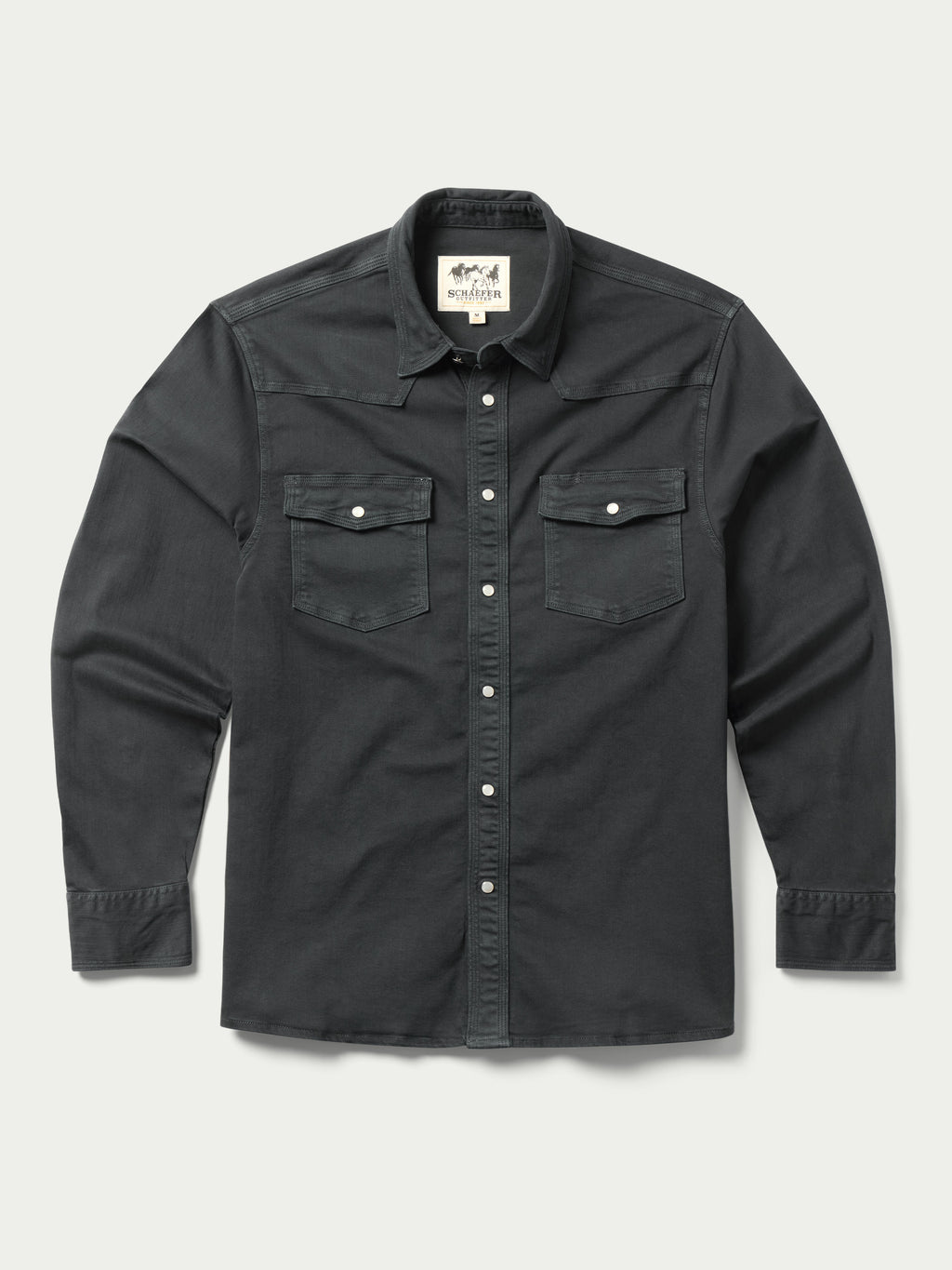 Slate denim snap western shirt with two chest pockets and snap buttons