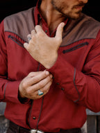 Mahogany snap shirt with tan yoke panels, snap collar, and button placket detail