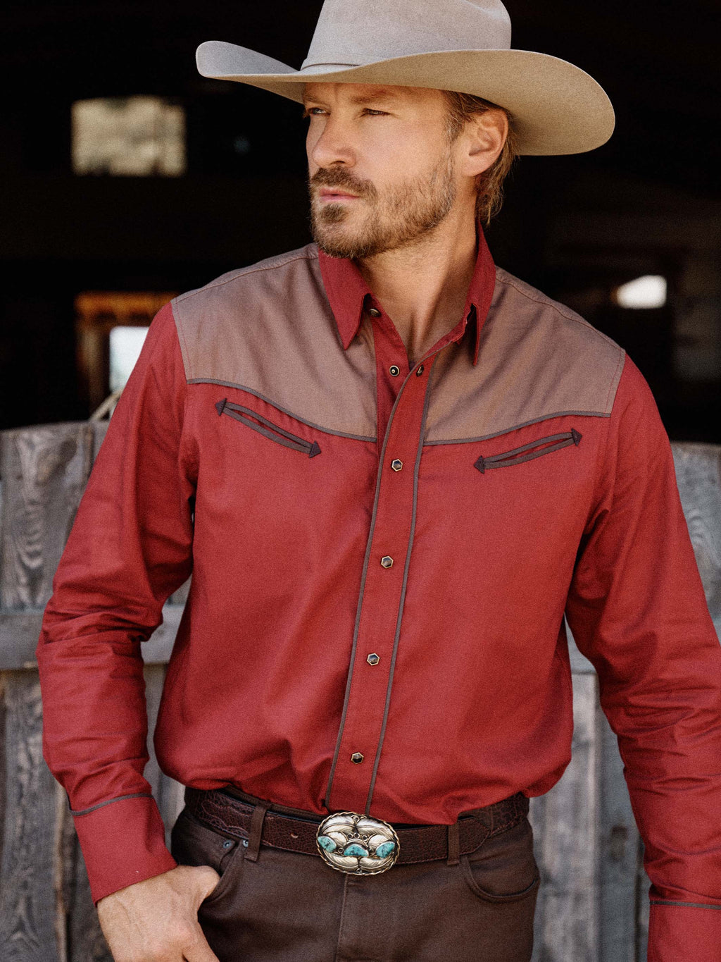 Mahogany snap shirt with tan yoke panels, chest pockets, and snap-button placket