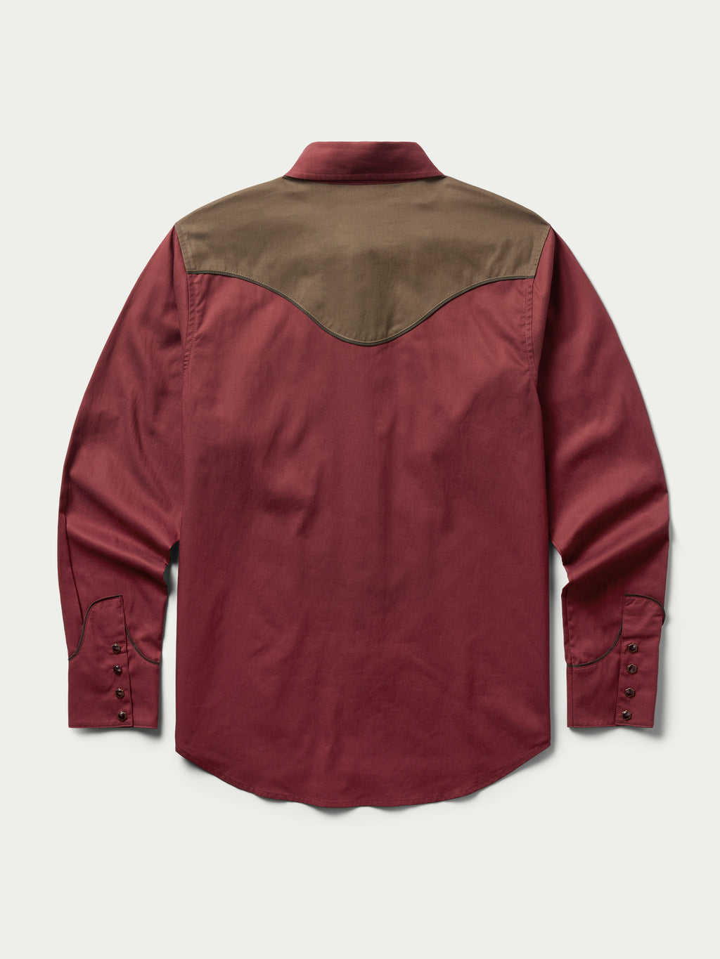 Mahogany snap shirt with tan yoke panel and snap-front closure, long sleeves