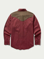Mahogany snap shirt with tan yoke panel and snap-front closure, long sleeves