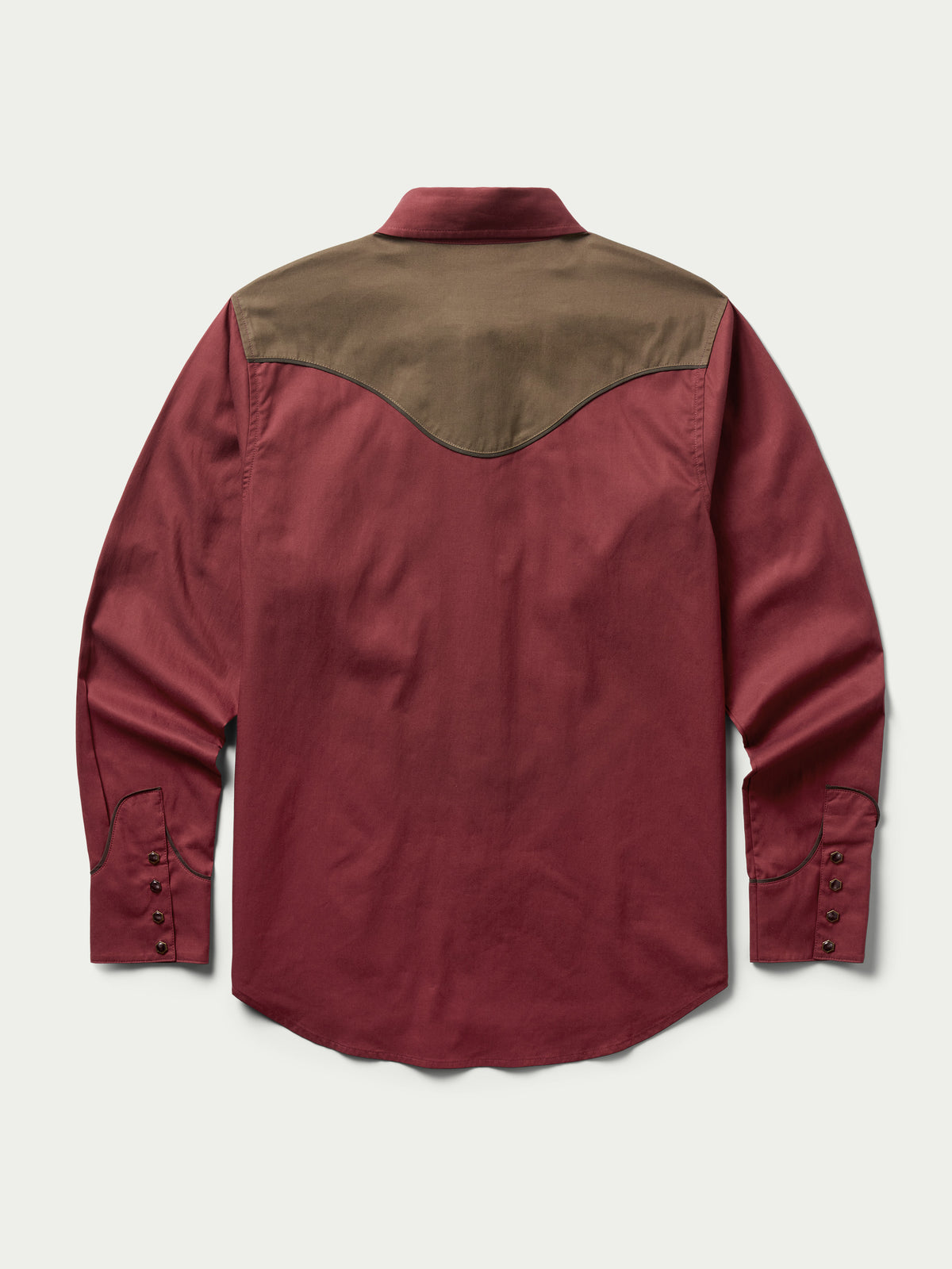 Mahogany snap shirt with tan yoke panel and snap-front closure, long sleeves