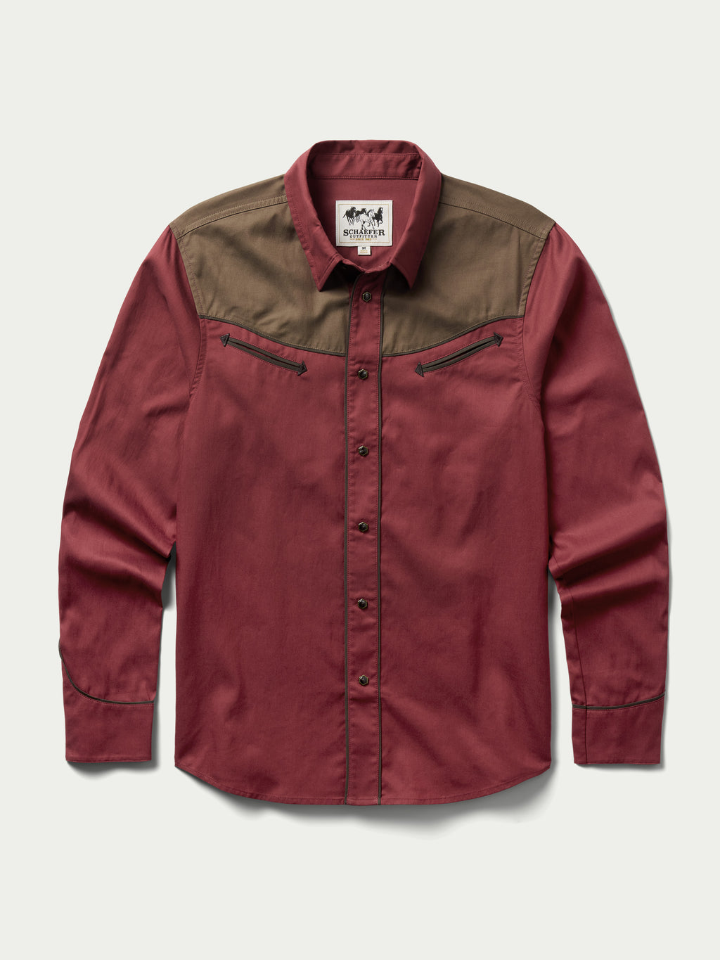 Mahogany snap shirt with tan yoke, long sleeves, and snap-front closure