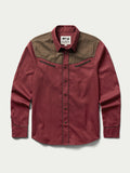 Mahogany snap shirt with tan yoke, long sleeves, and snap-front closure