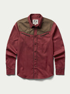 Mahogany snap shirt with tan yoke, long sleeves, and snap-front closure
