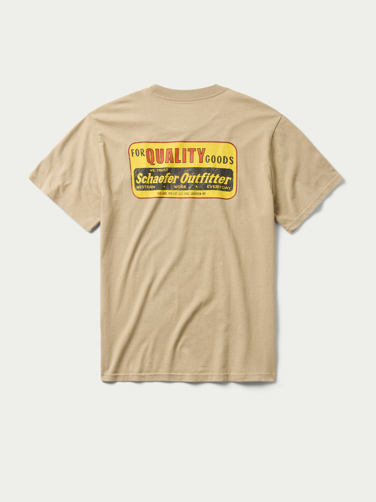 Khaki T-shirt with large Quality Goods Schaefer Outfitters back graphic