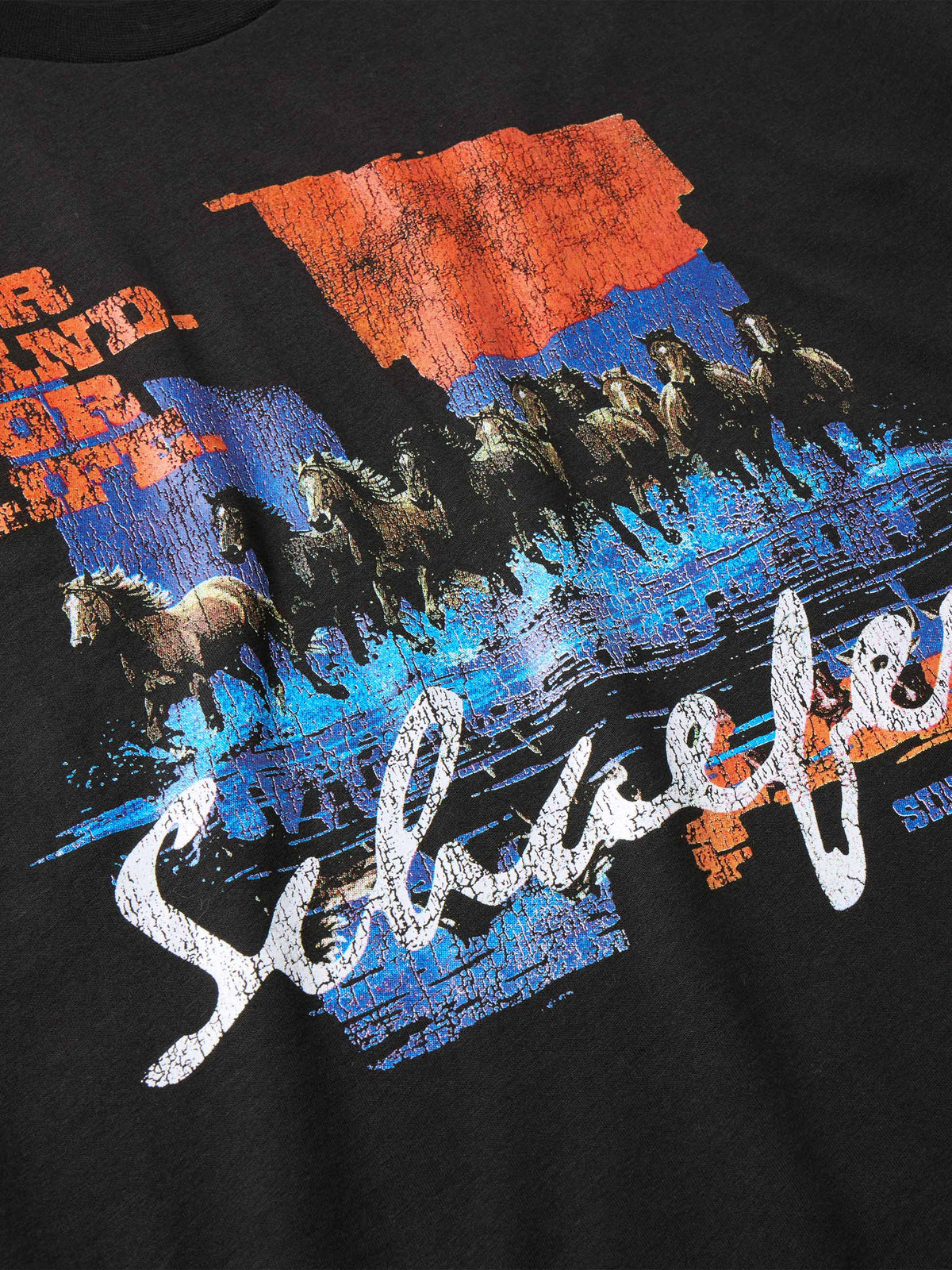 Black crew-neck T-shirt close-up of orange, blue, and white graphic