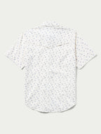 Short-sleeve pearl snap shirt in white with small blue floral pattern, button placket.