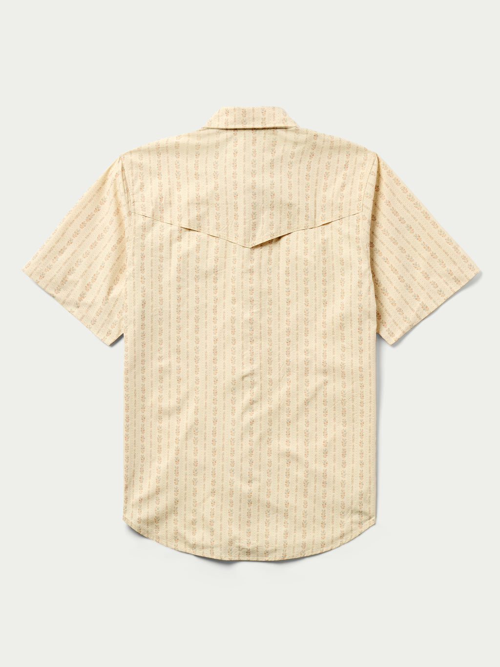 Short sleeve pearl snap western shirt, light cream with subtle pattern; back view.