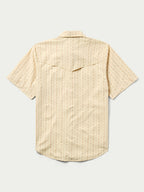 Short sleeve pearl snap western shirt, light cream with subtle pattern; back view.