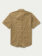 Short sleeve patterned western shirt, pearl snap placket, back yoke and collar.