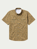 Short sleeve western shirt with two chest pockets, pearl snap buttons, patterned print.