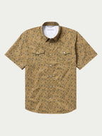 Short sleeve western shirt with two chest pockets, pearl snap buttons, patterned print.