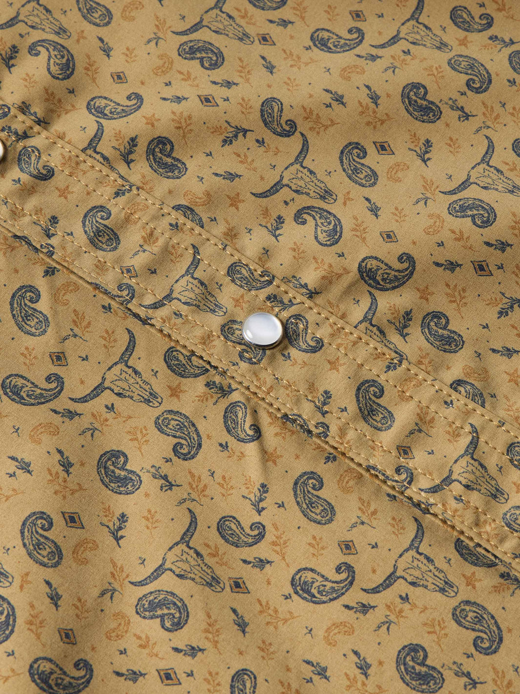 Short sleeve western shirt with pearl snap closure on patterned pocket placket.