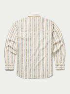 Men's cotton snap shirt with light blue and white vertical stripe pattern, button-snap cuffs