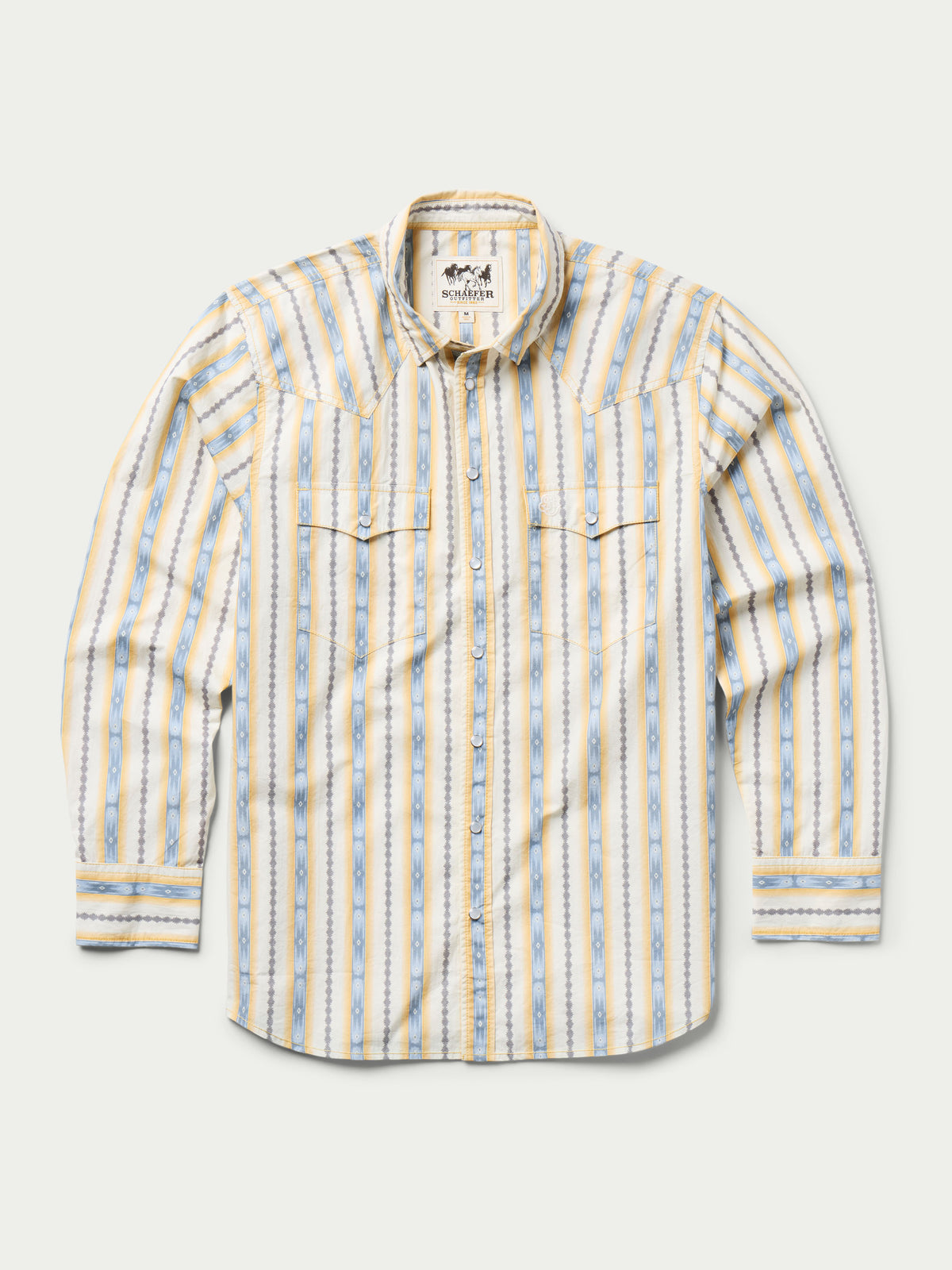 Men's cotton snap shirt with light blue and white vertical stripes, point collar, snap front