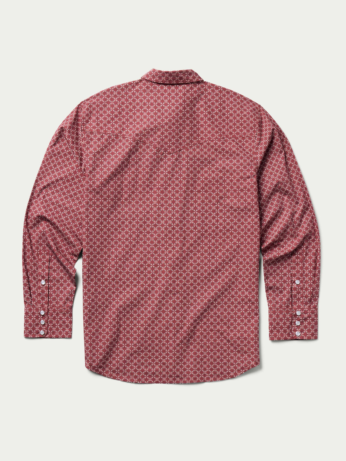Cotton snap shirt back view in dark red with repeating geometric pattern, long sleeves.