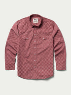 Cotton snap shirt front view in dark red geometric pattern with flap chest pockets.