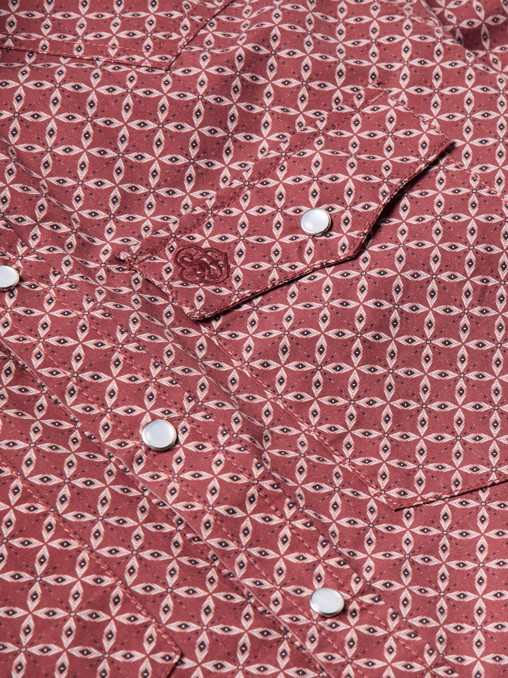 Cotton snap shirt in dark red geometric pattern with visible snap buttons at placket.