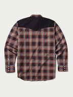 Cotton snap shirt back view, dark plaid with contrast yoke panels