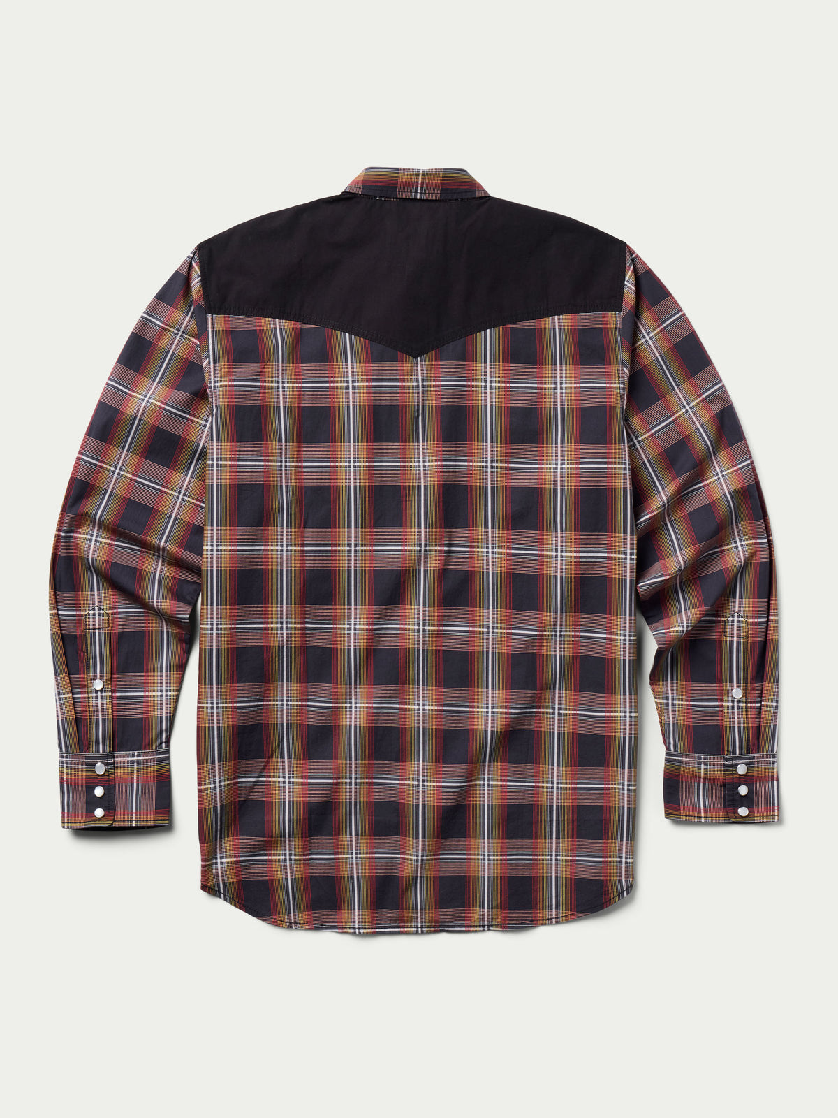 Cotton snap shirt back view, dark plaid with contrast yoke panels