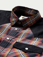Cotton snap shirt collar and placket, dark plaid with red, yellow, and blue lines