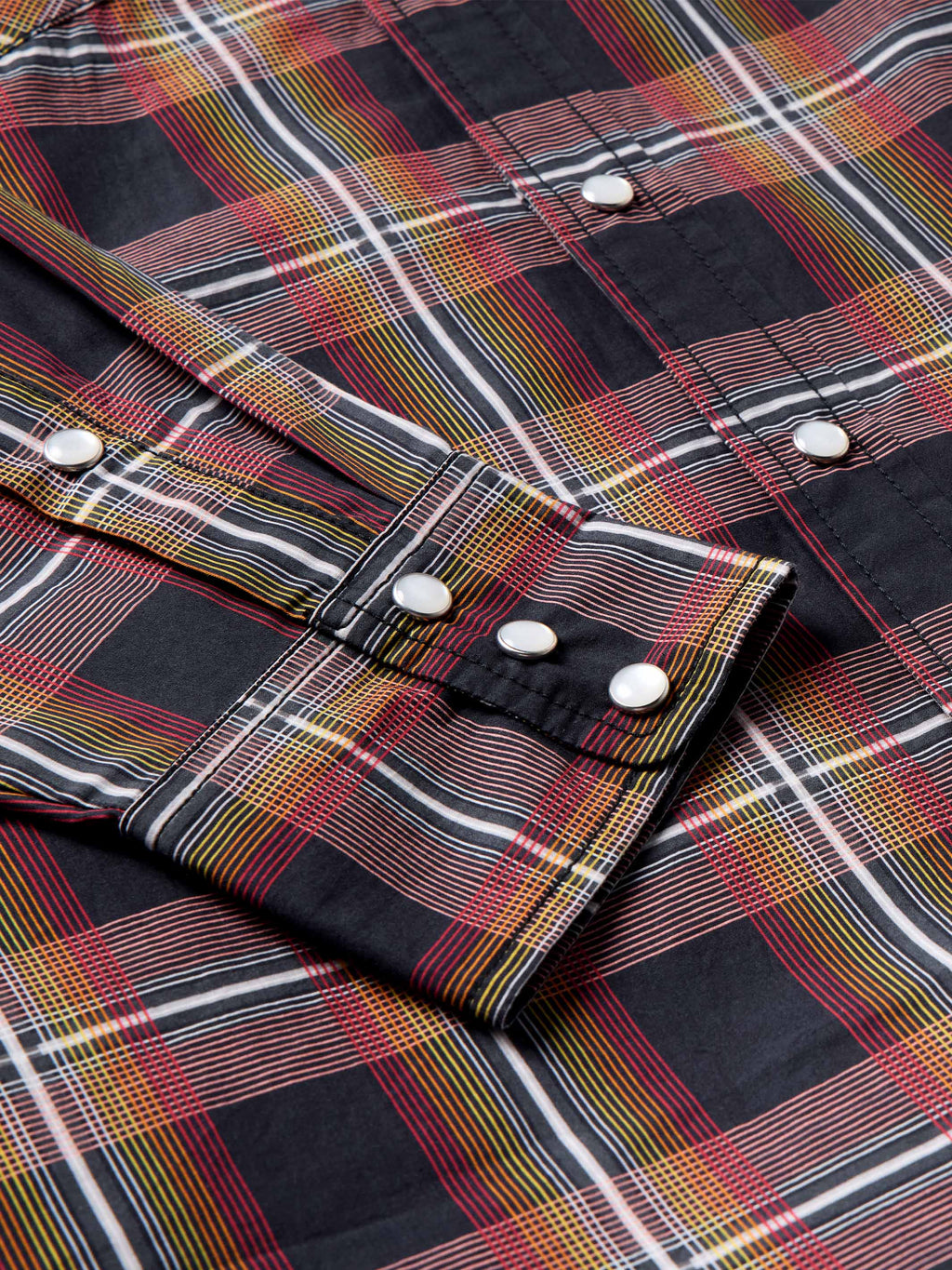 Cotton snap shirt cuff and sleeve placket, dark plaid with multicolor stripes