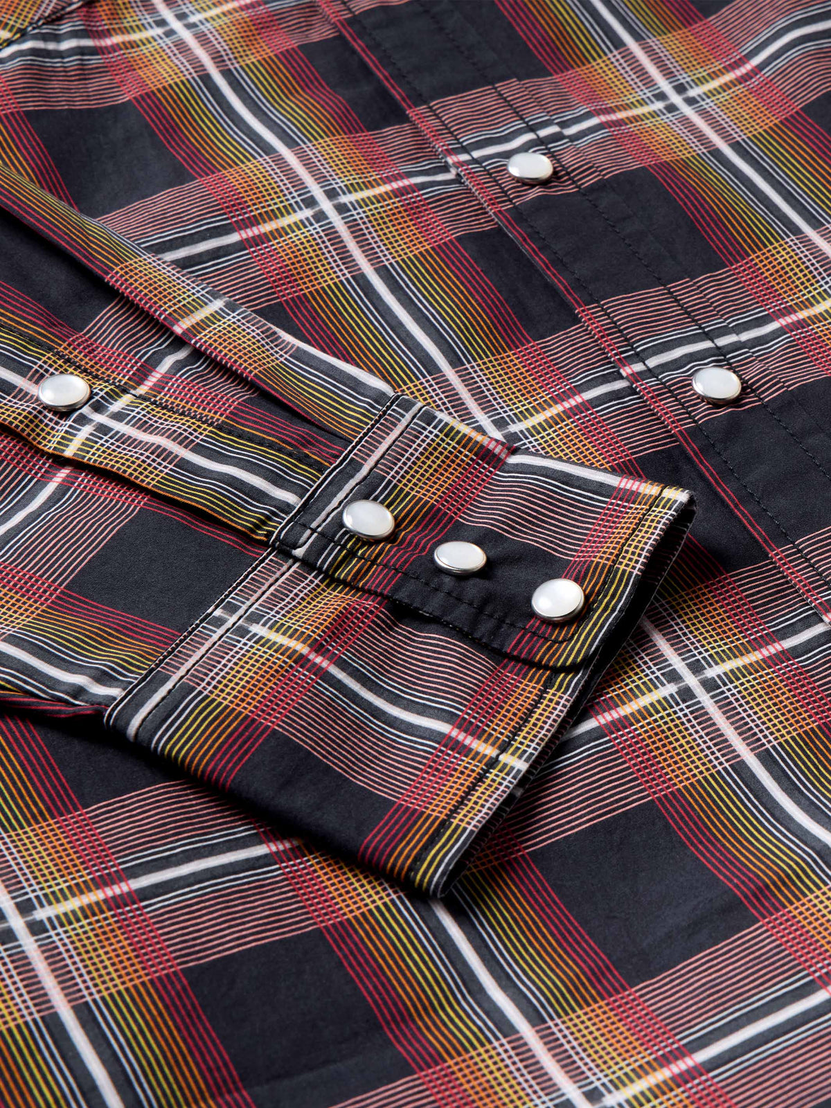 Cotton snap shirt cuff and sleeve placket, dark plaid with multicolor stripes