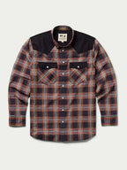 Cotton snap shirt front, dark plaid with chest flap pockets and snap buttons