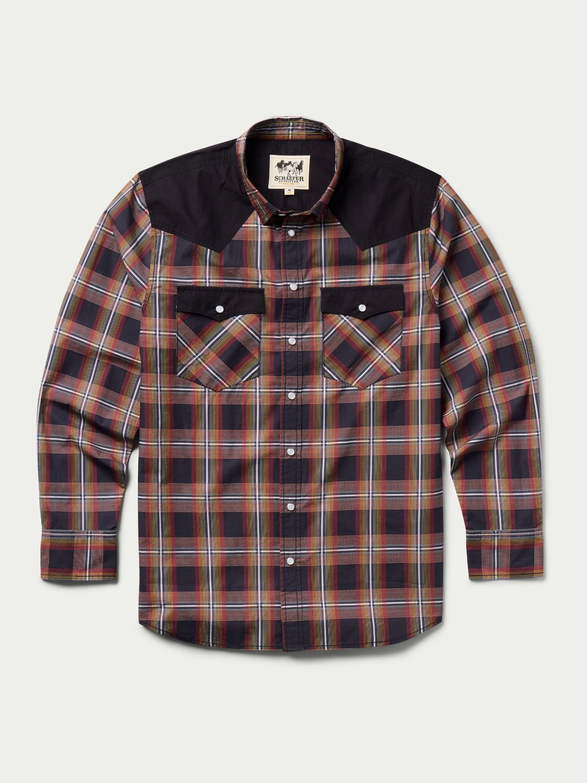 Cotton snap shirt front, dark plaid with chest flap pockets and snap buttons