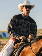 Cotton snap shirt with dark plaid pattern, flap chest pockets, snap buttons