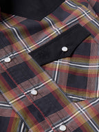 Cotton snap shirt yoke and placket, dark plaid with red and blue stripes, snap buttons