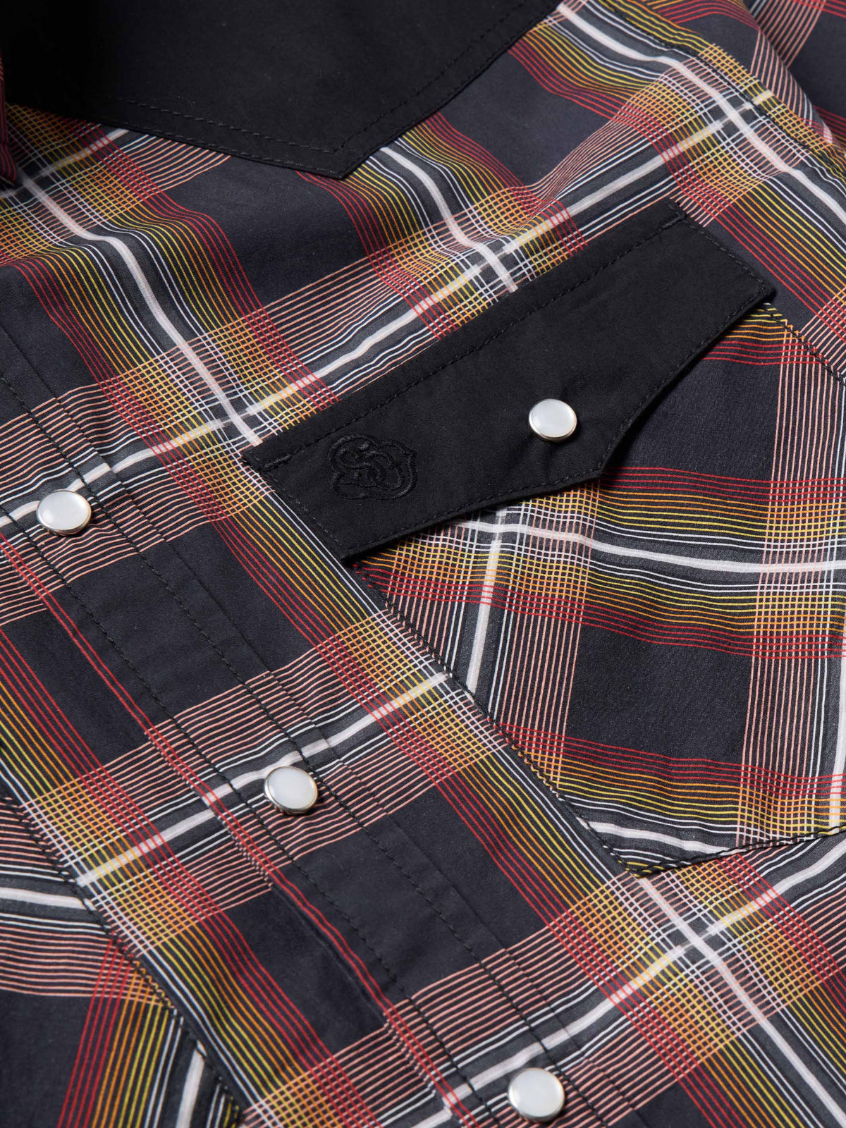 Cotton snap shirt yoke and placket, dark plaid with red and blue stripes, snap buttons